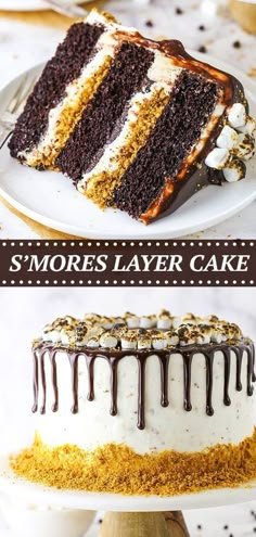 two different types of cake on plates with the words s'mores layer cake