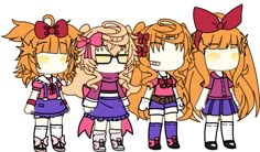 three cartoon girls with long hair and glasses are standing next to each other, one is wearing