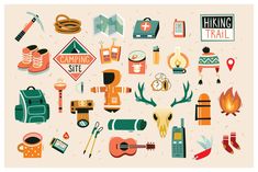 an assortment of camping related items on a beige background with the words hiking trail written in large letters