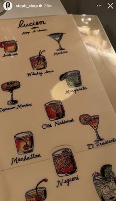 a menu with different types of drinks on it, including wine glasses and cocktails