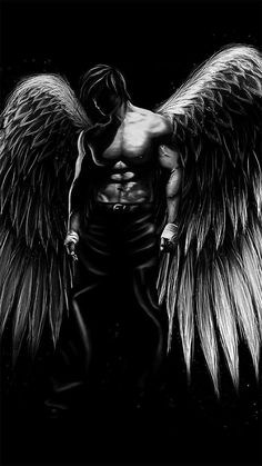 a man with large wings standing in the dark, looking down at his chest and back