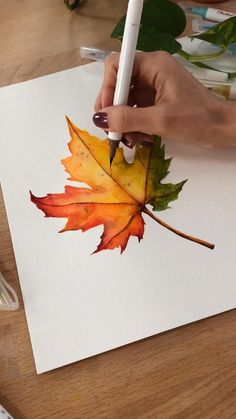 a person is painting a leaf with watercolors on white paper and using a marker