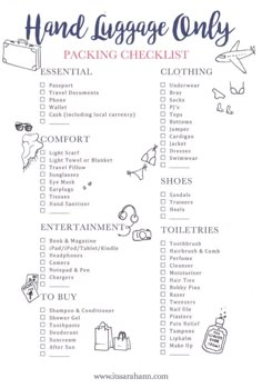 a printable travel checklist with the words, hand luggage only and other things to do