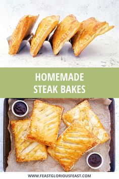 homemade steak bakes on a baking sheet with blueberry sauce in the middle and an overhead view of them