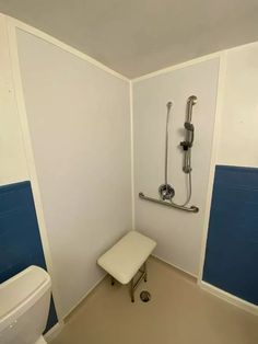 a white toilet sitting in a bathroom next to a shower head and hand rail on the wall