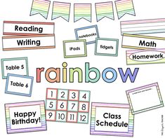 rainbow themed classroom name tags with the words reading, writing, and numbers on them