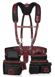 a leather harness with multiple pockets and straps on the front, two pouches in the back