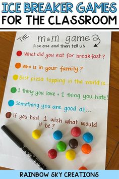 an icebreaker game for the classroom with candy and crayons on paper next to it