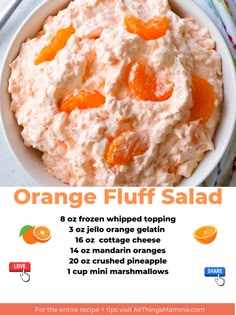 orange fluff salad in a white bowl Fluff Recipes Desserts Cottage Cheese, Mandarin Orange Cottage Cheese Jello Salad, Orange Watergate Salad, Orange Fluff Jello Salad Recipe Cottage Cheese, Orange Cottage Cheese Salad, Cottage Cheese Mandarin Orange Salad, Cottage Cheese Orange Jello Salad, Cottage Cheese Pineapple Jello Salad, Fluff Salad Recipes Cottage Cheese