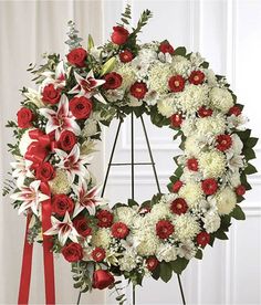 Red & White Circle Wreath - DGM Flowers  | Fort Lauderdale Florist Standing Wreath, Wreaths For Funerals, Remembrance Flowers, Casket Sprays, Large Flower Arrangements, Red And White Flowers, Memorial Flowers, Beautiful Red Roses, White Circle