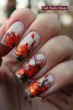 Red Autumn Nails, Nails Ideas For Autumn, Nails With Orange, Fall Nail Art Ideas, Fall Nails Ideas, Cowboy Nails, Deep Red Nails, Ideas For Autumn