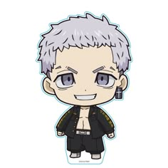 an anime character with grey hair and blue eyes, wearing black shorts and a jacket