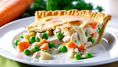 a chicken pot pie with peas and carrots on a plate