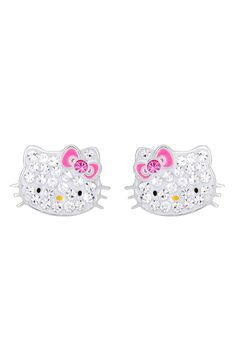 An iconic silhouette shines with polished sterling silver, sparkling crystals and colorful enamel on these charming stud earrings. 0.25" diameter Post back Sterling silver/enamel/crystal glass Imported White Sterling Silver Hello Kitty Jewelry, Shop Hello Kitty, Silver Crystal, Sparkling Crystal, Silver Enamel, Crystal Glass, Hello Kitty, Jewelry Earrings, Sparkle