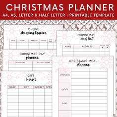 printable christmas planner with pink snowflakes and red ribbon on the bottom,