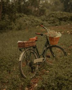 a bicycle with a basket is parked in the middle of some grass and trees behind it