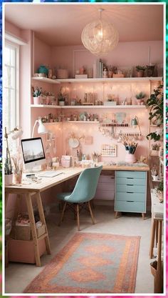 a room with pink walls and shelves filled with various items, including a computer desk