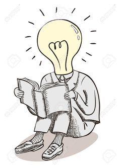 a person sitting on the ground reading a book with an light bulb above their head