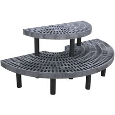 three tiered metal table with circular holes on each side and black legs, set against a white background