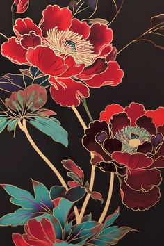 an image of some flowers on a black background with red, blue and green leaves