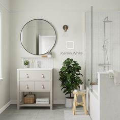 a white bathroom with a plant in the corner and a mirror on the wall above it