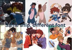 some anime characters are hugging each other with the caption same ship, different font