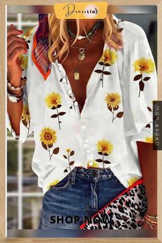 Boho Sunflower V Neck Buttoned Three Quarter Loosen Blouse Boho Sunflower, Beach Blouse, Half Sleeve Blouse, Boho Theme, Summer Blouses, Women Shirts Blouse, V Neck Blouse, Unique Designers, White Summer