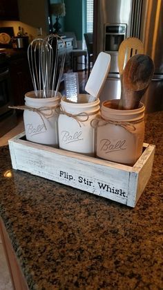 some mason jars and whisk are sitting on a kitchen counter with the words, flip - str - whisk