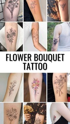 flower bouquet tattoo designs on the arm and back of women's arms, with different flowers