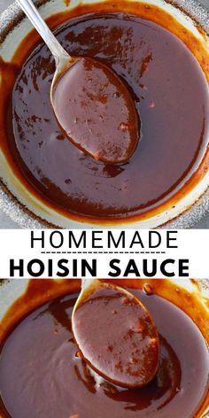 two images showing how to make homemade hoisin sauce in a bowl with spoons