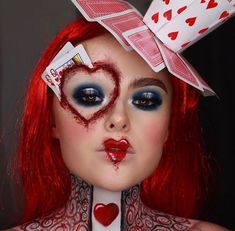 Halloween Makeup Ideas Queen Of Hearts, Playing Cards Makeup Look, Queen Of Hearts Horror Makeup, Scary Alice In Wonderland Makeup, Cool Face Paint Ideas For Women, Scary Queen Of Hearts Costume, Halloween Makeup For Men With Beards, Queen Of Hearts Hairstyles