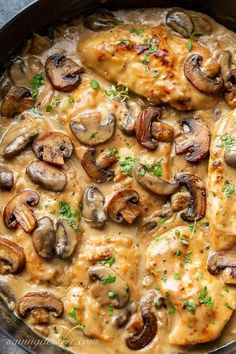 chicken with mushrooms and gravy in a skillet