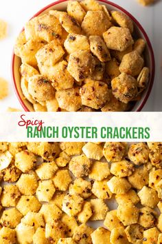 ranch oyster crackers in a red bowl with the words spicy ranch oyster crackers