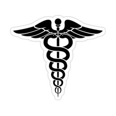 a black and white cadus sticker on a white background with the word medical written below it