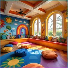 a brightly colored room with lots of windows and colorful rugs on the floor in front of it