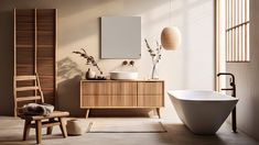 a bath room with a chair a sink and a mirror on the wall next to it