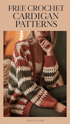 a woman sitting on top of a couch wearing a knitted cardigan