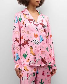 Karen Mabon Rhinestone Cowgirl Printed Cropped Pajama Set | Neiman Marcus Pajamas Set, Animal Pajamas, Satin Pyjama Set, Satin Pajamas, Short Pajama Set, Ulla Johnson, Sleepwear Women, Wide Leg Trousers, Night Gown