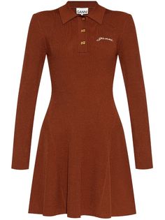 GANNI logo-embroidered ribbed-knit polo dress Knit Polo Dress, Ganni Dress, Fall Winter Dresses, Versace Outfit, Knit Polo, City Dress, Summer Beach Wear, Brown Dress, Polo Dress