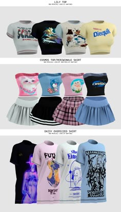 several different types of shirts and skirts with the same design on them, all in different colors