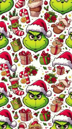 the grin face is surrounded by christmas decorations and presents on white paper with green eyes