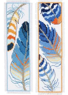 two cross stitch bookmarks with blue and orange feathers