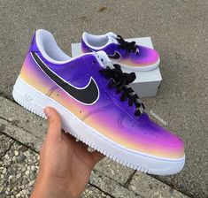 These shoes feature an intense purple gradient. Grab similar Lv customs by tapping through to our site. Use code 5off at checkout. Purple Nike Shoes, Air Force 1s, Nike Shoes Outfits, Personalized Shoes