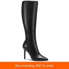 in stock Black Reinforced Heel Knee-high Boots For Winter, Chic Black Knee-high Boots Medium Width, Black Knee-high Boots With Pointed Toe In Medium Width, Black Leather Knee-high Boots Medium Width, Black Knee-high Boots With Leather Lining, Medium Width, Dress Boots, Sneaker Dress Shoes, Under Dress, Wide Calf