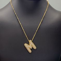 Approx 17 Inches Ships Same Or Next Day! Bling Necklace, Letter M, Womens Jewelry Necklace, 18k Gold, Gold Plate, Bubbles, Jewelry Necklaces, Plating, Women Jewelry