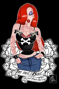 a drawing of a woman with red hair and tattoos on her body sitting in front of a banner