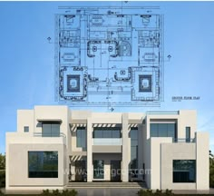 an architectural drawing of a house with blueprints on the front and side walls