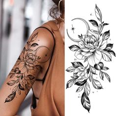 a woman's arm with flowers and leaves tattooed on the left side of her arm