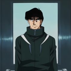 an anime character with black hair wearing a hoodie and looking at the camera while standing in front of a door