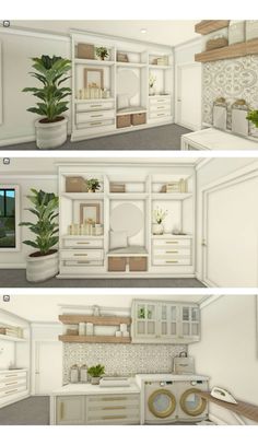 three different views of a kitchen with white cupboards and plants in pots on the shelves